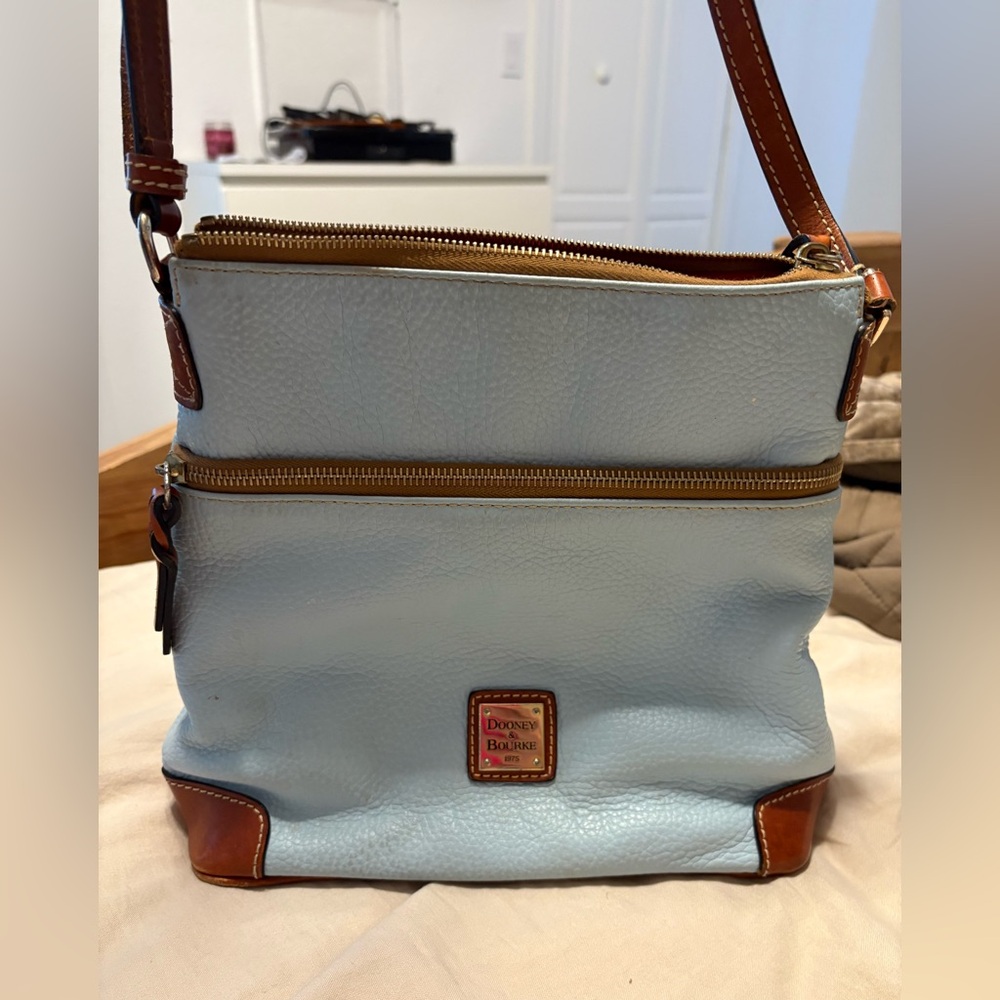 Dooney Bourke Baby Blue Pebbled Leather Crossbody Bag with Brown Leather Accents
